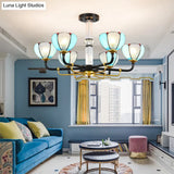 Blue Stained Glass Floral Chandelier - Traditional Pendant Lighting For Living Room 6/8 Lights