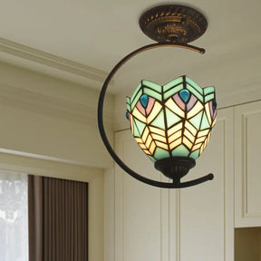 Blue Stained Glass Peacock Ceiling Mount Light - Tiffany Style Creative Lamp For Cafes