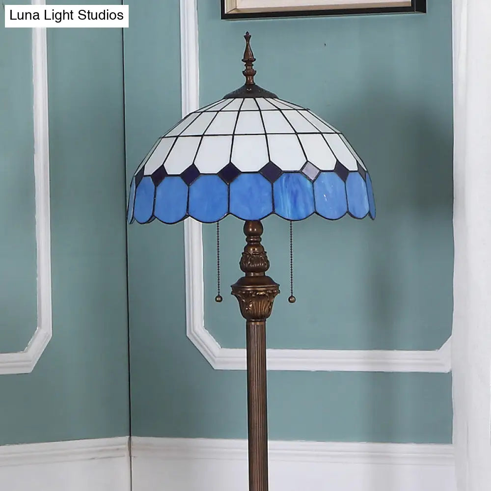Blue Stained Glass Scalloped Dome Floor Light - 2 Bulb Pull Chain Standing Lamp