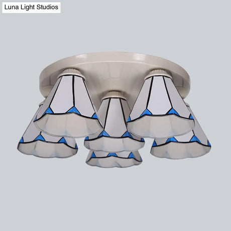 Blue Stained Glass Tiffany Ceiling Lamp For Living Room - Leaf/Stripes Flush Mount With 3/6 Lights