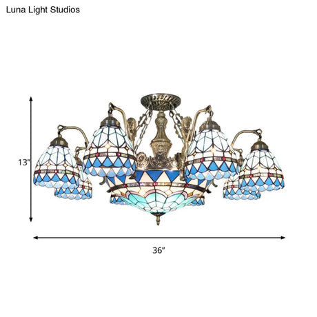 Blue Stained Glass Tiffany Pendant Lamp With 7/9 Light Cone Ceiling Chandelier