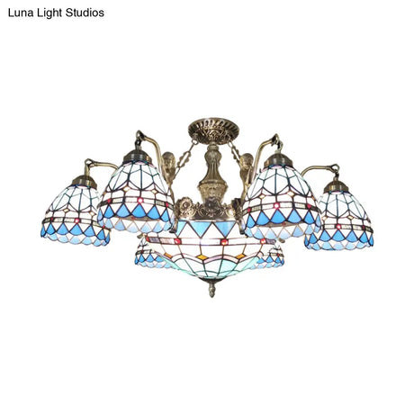 Blue Stained Glass Tiffany Pendant Lamp With 7/9 Light Cone Ceiling Chandelier