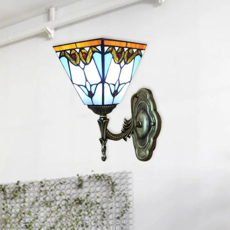 Blue Stained Glass Tiffany Victorian Sconce Lamp: Pyramid Study Room Wall Light