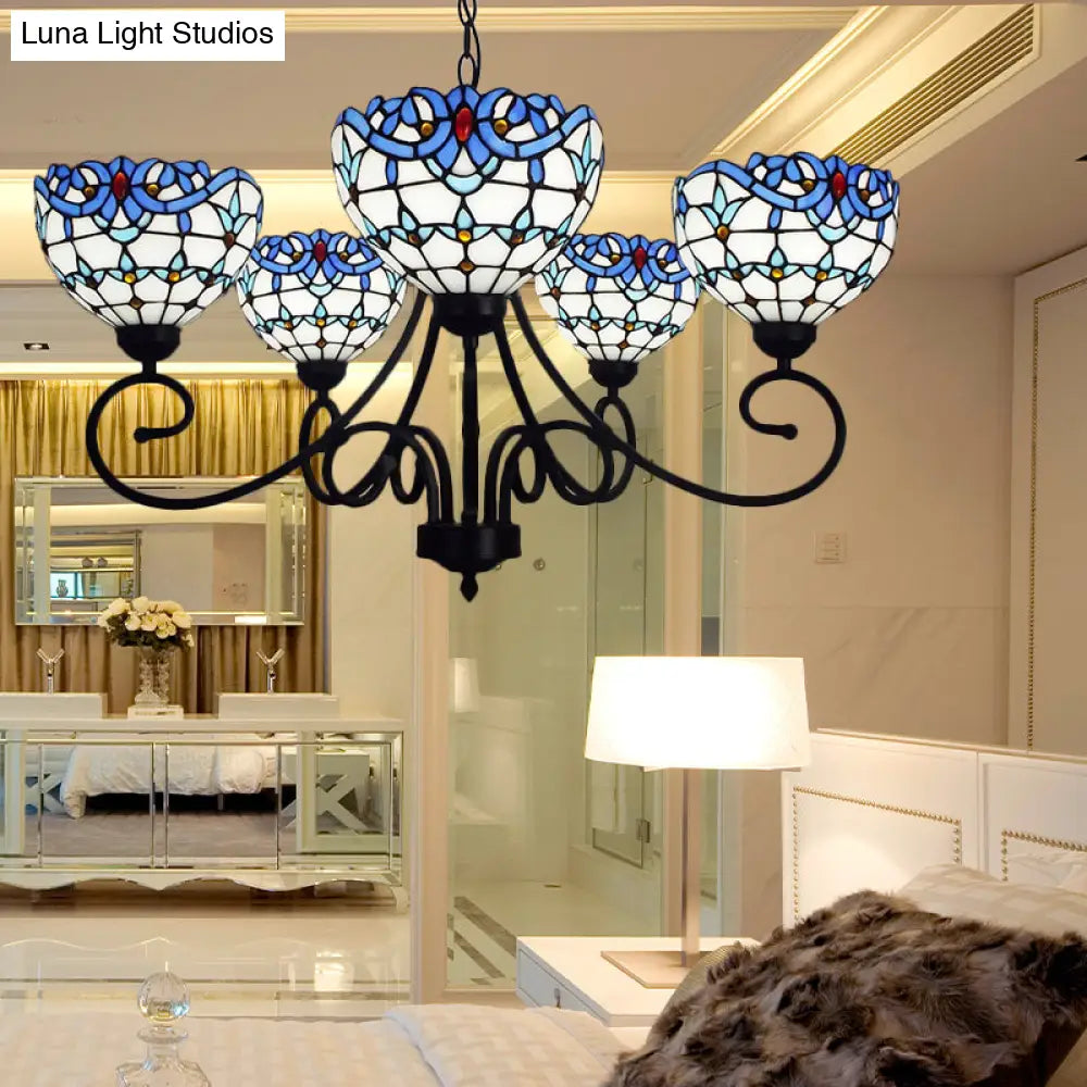 Blue Stained Glass Victorian Pendant Chandelier 5-Light Indoor Lighting For Foyer