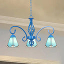 Blue Tiffany Chandelier - Curved Arms With Stained Glass Cone Shades 3 Lights Perfect For Foyer In
