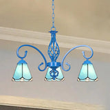 Blue Tiffany Chandelier - Curved Arms With Stained Glass Cone Shades 3 Lights Perfect For Foyer In