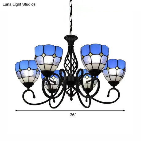 Blue Tiffany Chandelier With Art Glass Shades & Jewel Decor - 6 Light Pendant For Living Room