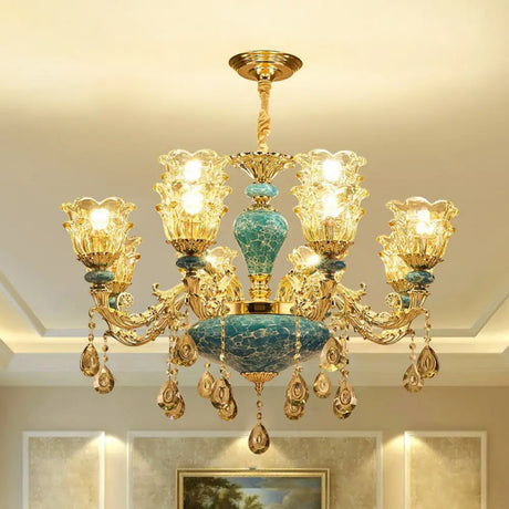 Blue Traditional Flower Up Chandelier - Luxurious Clear Glass Suspension Light With Crystal Drops 12