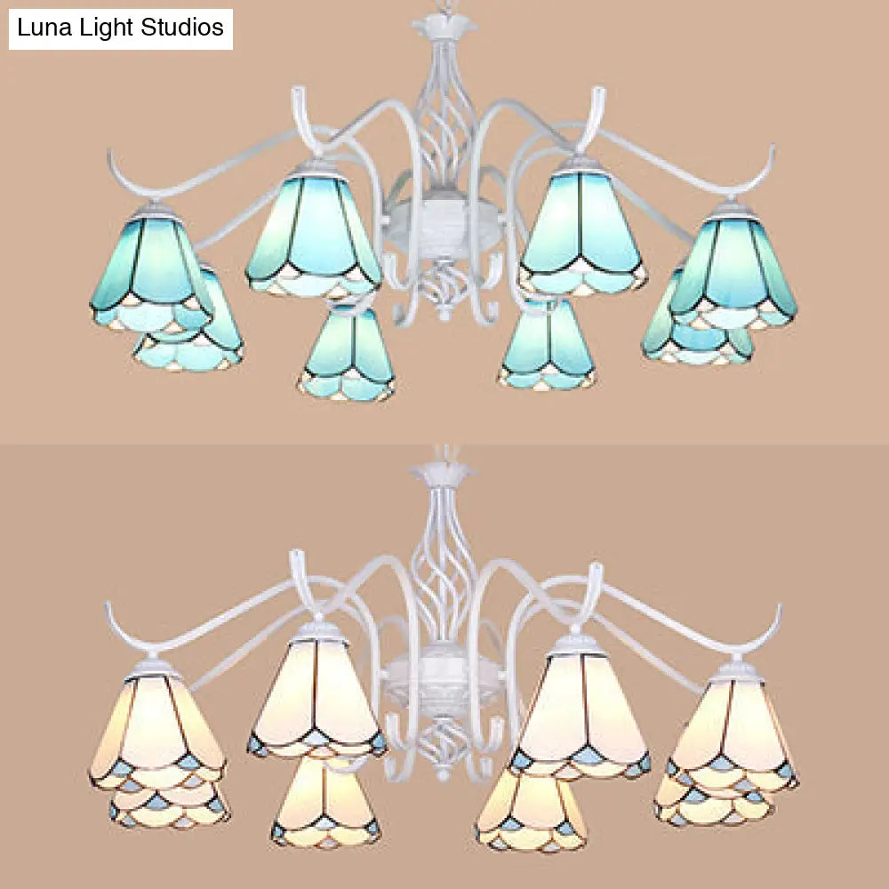 Blue/White Tiffany Indoor Pendant Light: Multi Light Cone Chandelier With Metal Chain - Ideal For