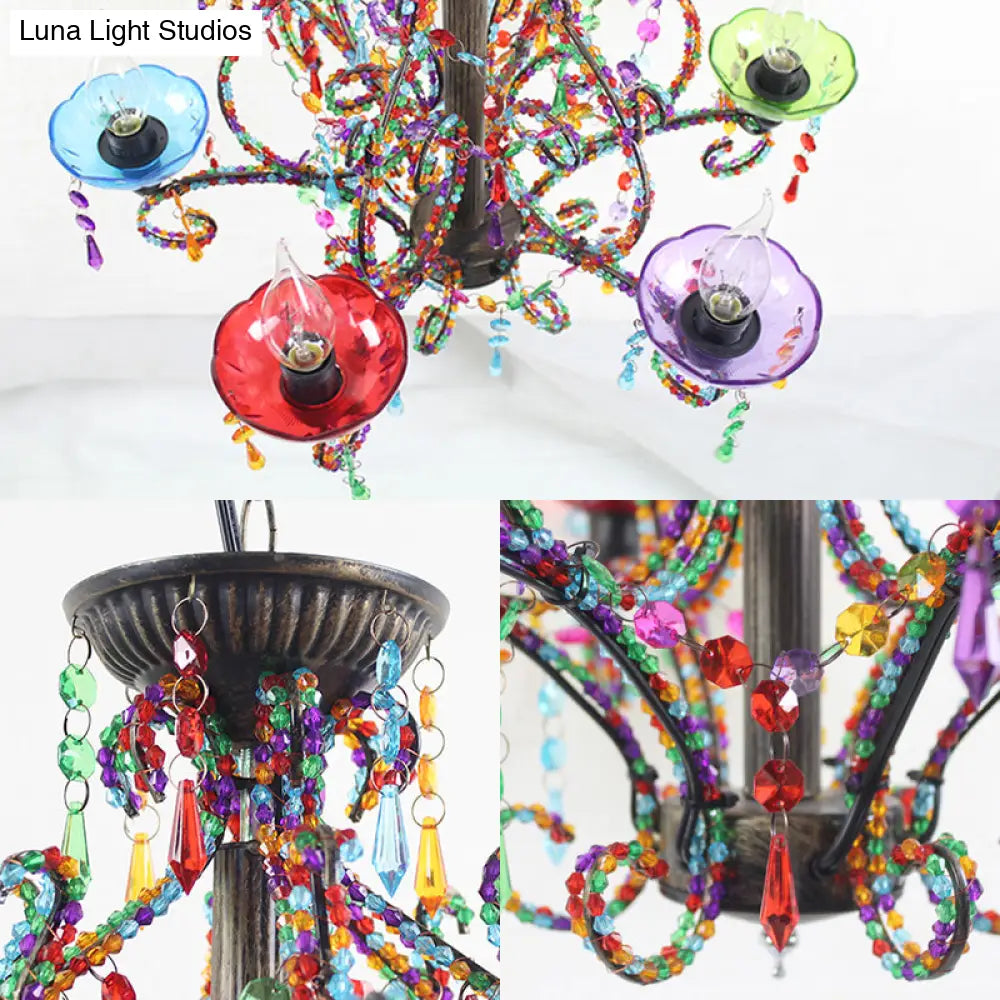 Bohemia Crystal Beaded Pendant Chandelier Light - 6-Light Copper Hanging Lamp