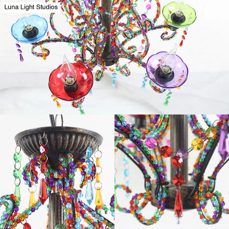 Bohemia Crystal Beaded Pendant Chandelier Light - 6-Light Copper Hanging Lamp