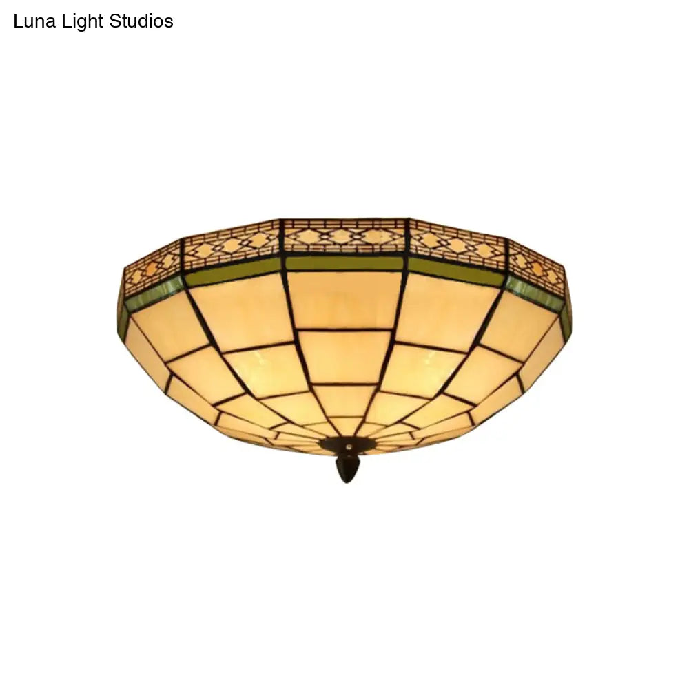 Bowl Flush Ceiling Light 8’/8.5’/10’ Stained Glass 3 Lights In Beige - Traditional Lighting