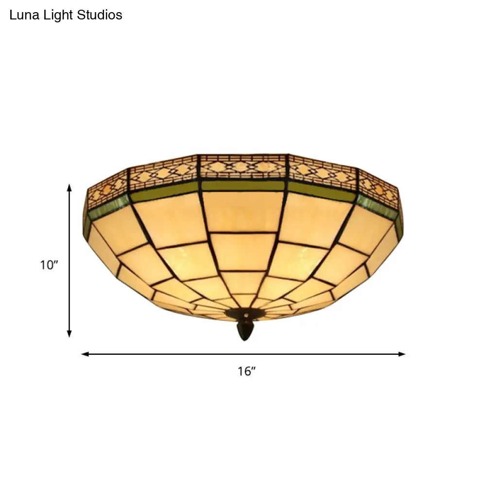 Bowl Flush Ceiling Light 8’/8.5’/10’ Stained Glass 3 Lights In Beige - Traditional Lighting
