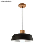 Bowl Shaped Hanging Fixture Nordic Style Black/White Metal And Wood Pendant Lighting With