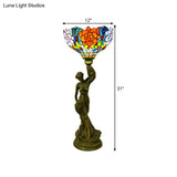 Bowl Table Night Lamp In Brass With Stained Glass Baroque Petal/Dragonfly Pattern & Resin Naked