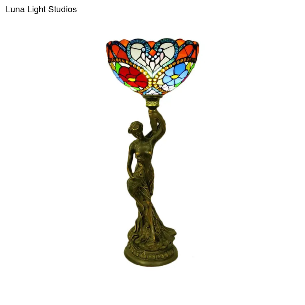 Bowl Table Night Lamp In Brass With Stained Glass Baroque Petal/Dragonfly Pattern & Resin Naked