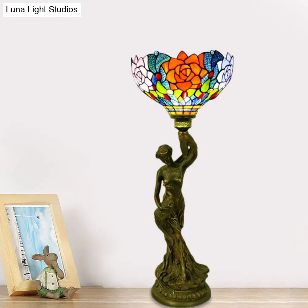 Bowl Table Night Lamp In Brass With Stained Glass Baroque Petal/Dragonfly Pattern & Resin Naked