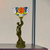 Bowl Table Night Lamp In Brass With Stained Glass Baroque Petal/Dragonfly Pattern & Resin Naked