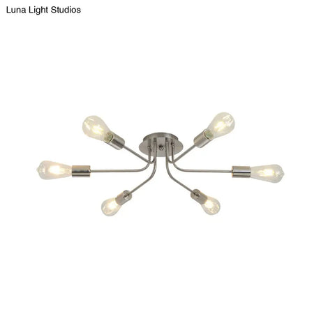 Branch Semi-Mount Industrial Ceiling Light With 6 Exposed Bulbs In Brass/Nickel Finish