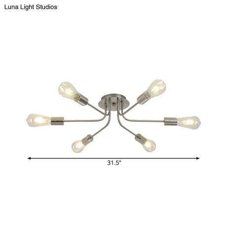Branch Semi-Mount Industrial Ceiling Light With 6 Exposed Bulbs In Brass/Nickel Finish