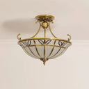 Brass 3-Head Colonial Semi Flush Light With Sandblasted Glass Dome - Porch Ceiling Fixture