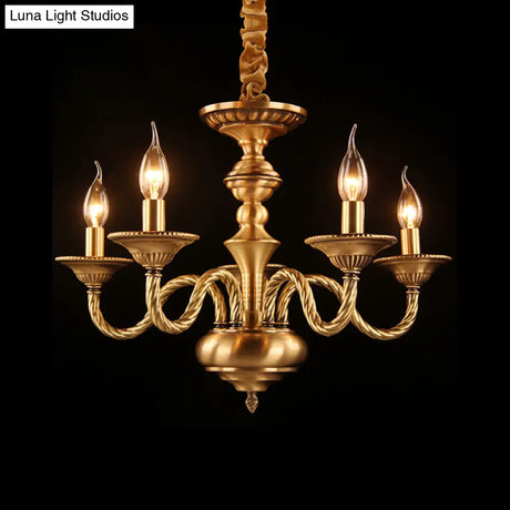 Brass Colonial Candle Chandelier Pendant Light With Curved Hemp Rope Arm - 3/5/6 Lights