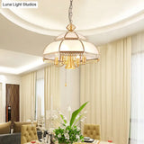 Brass Colonial Chandelier Lamp With Milk Glass Dome - 5 Heads Pendant Light For Bedroom