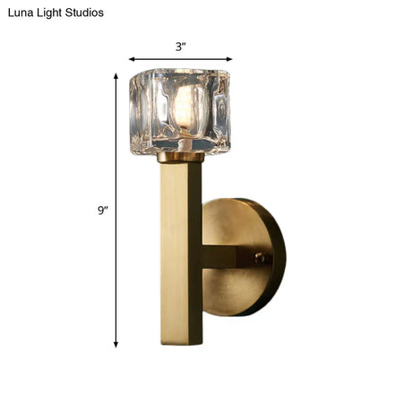Brass Cylinder Sconce With Clear Crystal Block For Modern Living Room Lighting