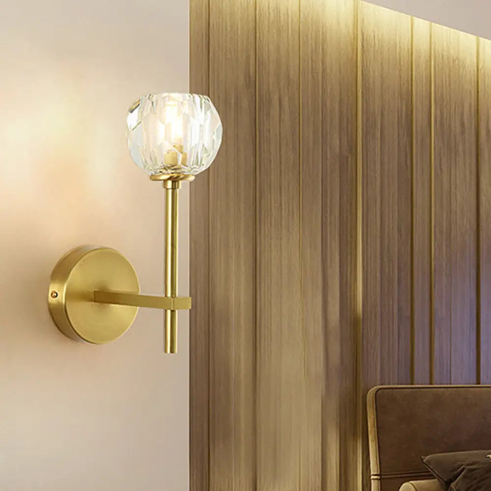 Brass Faceted Sconce With Crystal Shade - Minimalist Wall Mounted Light Fixture / A