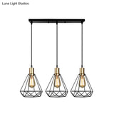 Brass Farmhouse Hanging Lamp With Teardrop Cage Shade And 3 Suspended Bulbs