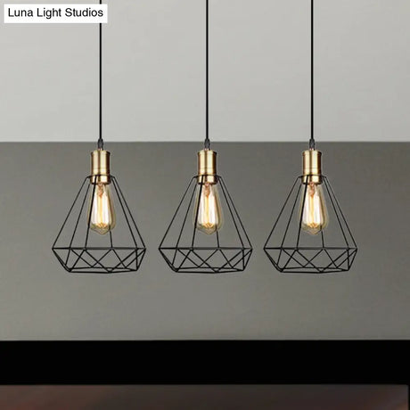 Brass Farmhouse Hanging Lamp With Teardrop Cage Shade And 3 Suspended Bulbs