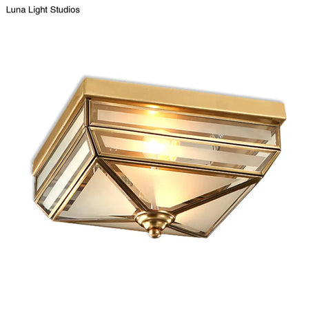 Brass Flush Mount Ceiling Light Fixture For Dining Room - Tradition Rectangle Design Frosted Opal