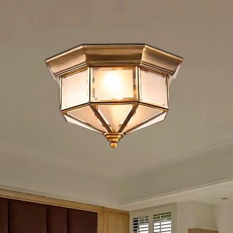Brass Flush Mount Fixture With Curved Frosted Glass For Bedroom - 2 Lights