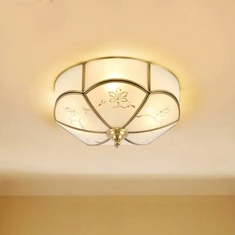 Brass Flush Mount Lamp With Colonial Sandblasted Glass - 3/4/6 Head Options / 14’