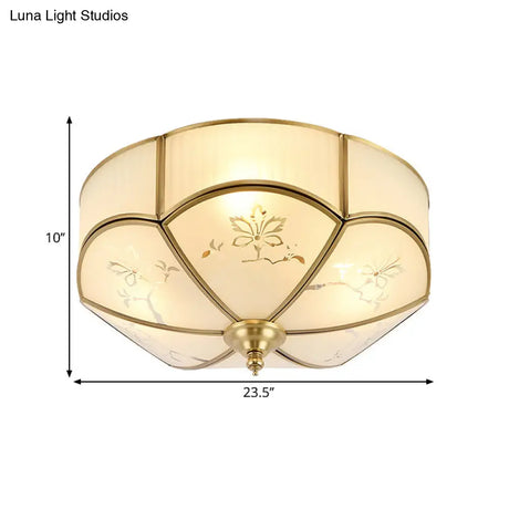Brass Flush Mount Lamp With Colonial Sandblasted Glass - 3/4/6 Head Options