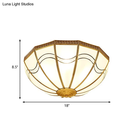 Brass Inverted Flush Ceiling Lamp With Milky Glass 4 Lights And Wave Pattern - Ideal For Bedrooms