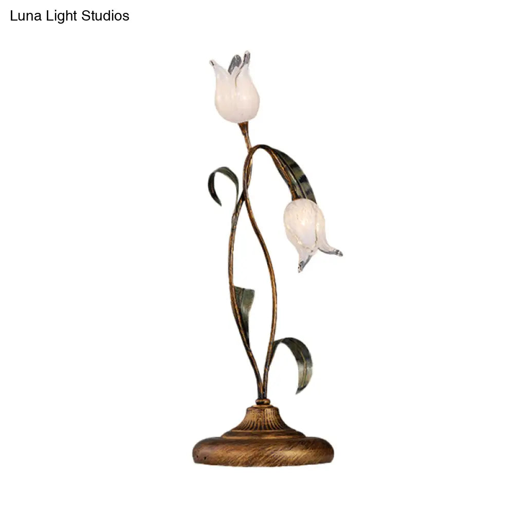 Brass Led Nightstand Light With Tulip Metal Design For Living Room - American Garden Theme
