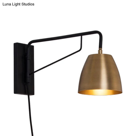 Brass Loft Style Wall Sconce With Metallic Barrel Shade - 1 Light Angle Arm Lighting For Bedroom