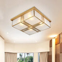 Brass Opal Glass Ceiling Light Fixture - 2 - Bulb Cubic Flush Mount Lamp For Bedroom