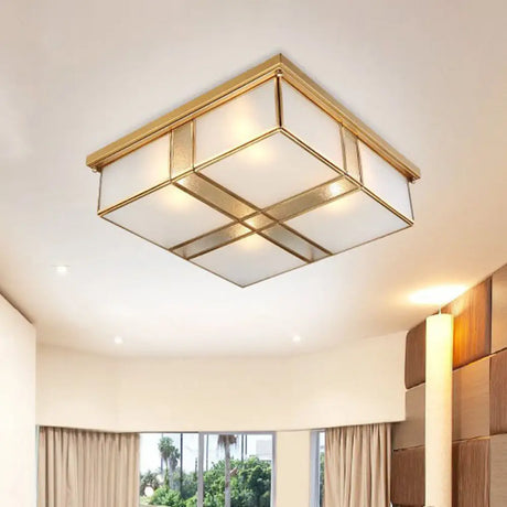Brass Opal Glass Ceiling Light Fixture - 2 - Bulb Cubic Flush Mount Lamp For Bedroom