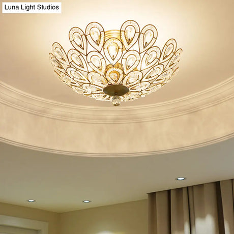 Brass Peacock Tail Flush Ceiling Light - Lodge Style Metal Lamp With Crystal Beads 3/5 Lights For