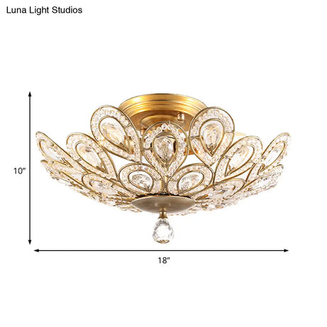 Brass Peacock Tail Flush Ceiling Light - Lodge Style Metal Lamp With Crystal Beads 3/5 Lights For