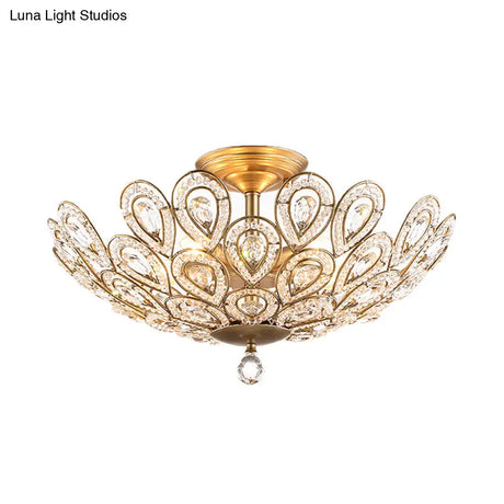 Brass Peacock Tail Flush Ceiling Light - Lodge Style Metal Lamp With Crystal Beads 3/5 Lights For
