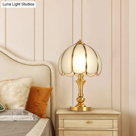 Brass Scalloped Nightstand Lamp - Elegant Beveled Glass Design Bedroom Table Lighting