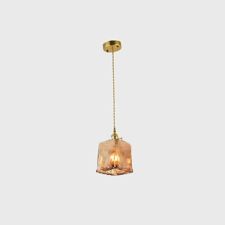 Brass Shaded Drop Pendant Vintage Handmade Tan Glass 1-Bulb Living Room Pendulum Light / Rectangle