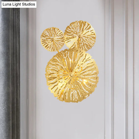 Brass Wall Mount Lamp Asian Style - 3/6/7 Heads Gold Finish Etched Lotus Leaf Sconce