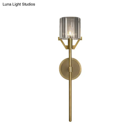 Brass Wall Sconce With Clear Crystal Block Cylinder And Pencil Arm