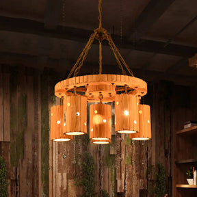 Brielle - Beige Etched Cylinder Hanging Chandelier Farmhouse Bamboo 6 Lights Restaurant Suspension