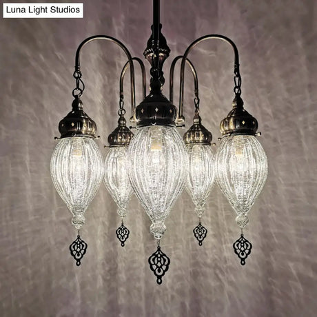 Bronze 5-Head Chandelier: Traditional Ribbed Glass Teardrop Ceiling Light With White Finish