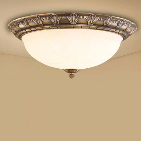 Bronze Antique Domed Flush Light With Milky Glass Ceiling Mount For Bedroom 3 / Flower